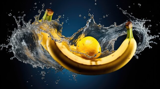  a banana with water splashing on it and two oranges in the middle of the image with a splash of water on it.
