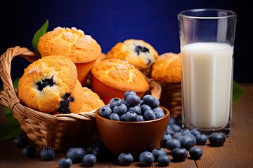  a basket of blueberry muffins next to a bowl of blueberries next to a glass of milk.