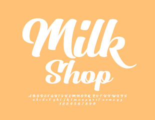 Vector artistic advertisement Milk Stop. White Cursive Font. Stylish Alphabet Letters, Numbers and Symbols set