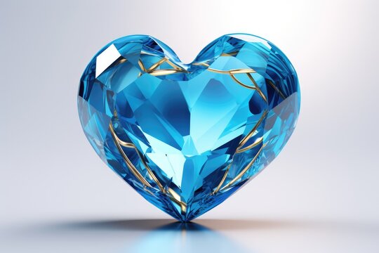  a blue crystal heart shaped object on a white background with a reflection of the heart in the middle of the image.