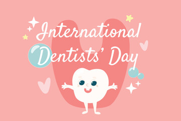 Dentist's Day greeting card. A cute little tooth with glasses and a face, handles and legs.