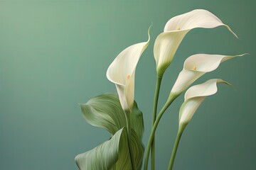  a painting of white calla lilies in a vase on a green background with a blue wall behind it.