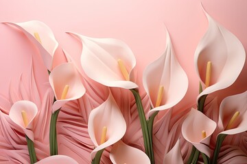  a bunch of white flowers on a pink background with a pink wall in the background and a pink wall in the background.