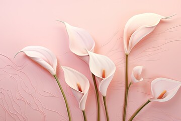  a group of white calla lilies on a pink background with a swirly pattern on the bottom half of the image.