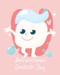 Greeting card for the International Day of the Dentist. A cute little tooth with glasses and a happy smiling face. The child has toothpaste on top. A positive character for the day of the dentist.