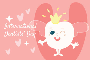 Dentist's Day greeting card. Funny tooth fairy in the form of a tooth with a crown and wings.