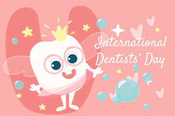Dentist's Day greeting card. Tooth Fairy. A very cute tooth with wings.