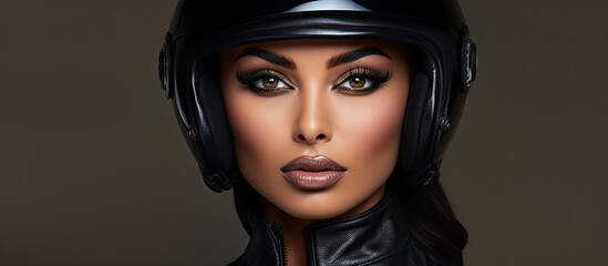 The woman with a black motorcycle helmet is posing in an isolated background, showcasing both the beauty of her face and her impeccable fashion sense, making her portrait a striking mix of motor and