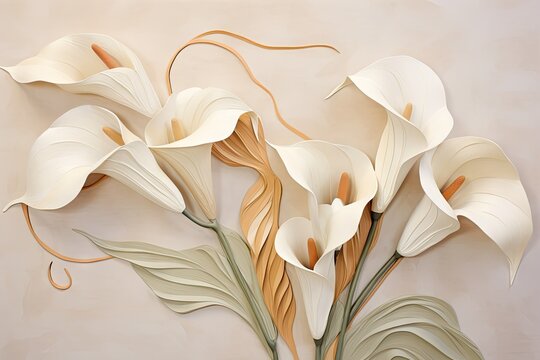  a painting of a bunch of white flowers on a beige background with a long stem of flowers in the center of the picture.