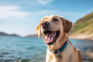 happy labrador retriever sailing on a sailboat isolated on hiking trails background