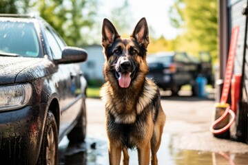 cute german shepherd being at a car wash in national parks background - obrazy, fototapety, plakaty