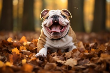 happy bulldog playing in a pile of leaves while standing against forests and woodlands background