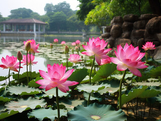 A serene lotus pond reflecting beautiful pink blooms, creating a calming and vibrant atmosphere.