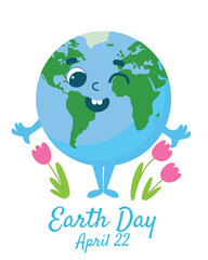 Earth Day greeting card. Planet Earth with a cheerful face is smiling joyfully with tulip flowers next to it. Illustration cartoon style isolated on white background.