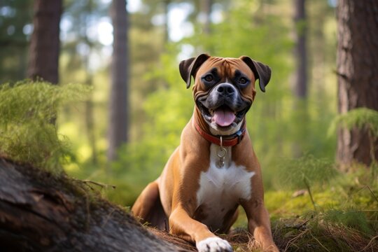 smiling boxer dog sitting isolated in forests and woodlands background