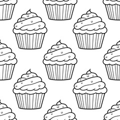 Cute cupcakes with cream and berries seamless pattern background.