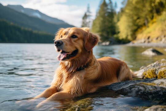 funny golden retriever sitting in lakes and rivers background