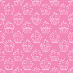 Cute cupcakes with cream and berries seamless pattern background.