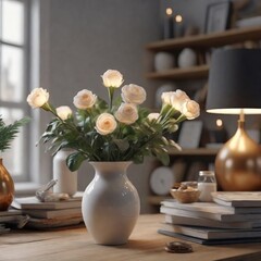 white flowers in vase with candles on table in room white flowers in vase with candles on table in room white tulips and vase with burning candles on table in kitchen