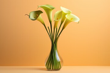  a glass vase filled with yellow flowers on top of a table next to an orange wall and a yellow wall behind it.