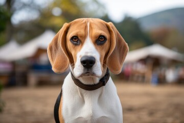 cute beagle being at a farmer's market isolated on botanical gardens background