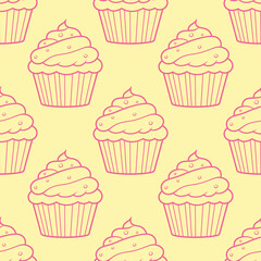 Cute cupcakes with cream and berries seamless pattern background.