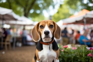 cute beagle being at a farmer's market isolated in botanical gardens background