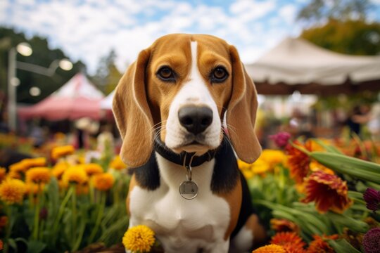 cute beagle being at a farmer's market on botanical gardens background