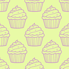 Cute cupcakes with cream and berries seamless pattern background.