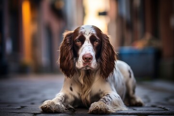 cute english springer spaniel lying down while standing against urban streets and alleys background - Powered by Adobe