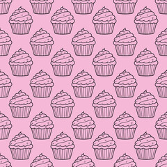Cute cupcakes with cream and berries seamless pattern background.