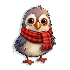 Cute Cartoon Christmas Bird with a Red Scarf Illustration Sticker Isolated on a White Background