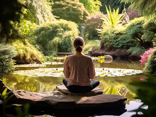 A peaceful meditator finds tranquility in a serene garden setting, lost in deep contemplation.
