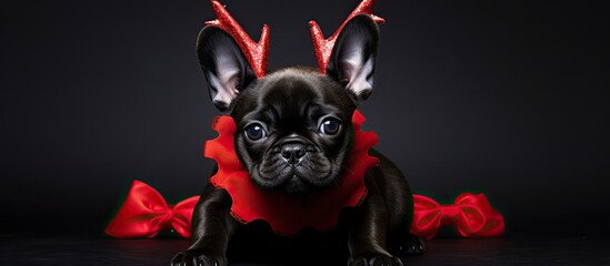 On Halloween, a cute black French Bulldog puppy with a red bow on its fur transformed into an...