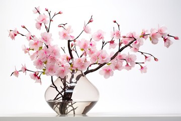  a vase filled with pink flowers sitting on top of a white counter top next to a glass vase filled with pink flowers.