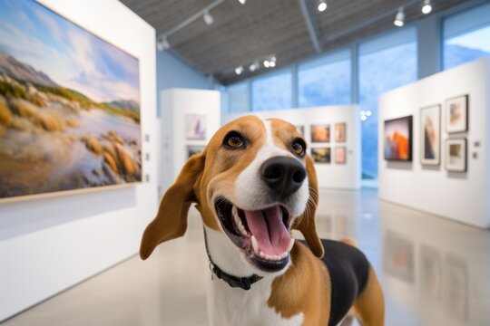 happy beagle being at an art gallery isolated on mountains and hills background