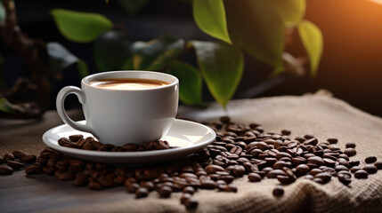 Obraz premium Close-up of a steaming cup of espresso on surrounded by roasted coffee beans