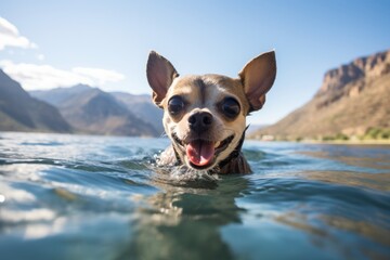 smiling chihuahua swimming in a lake in mountains and hills background