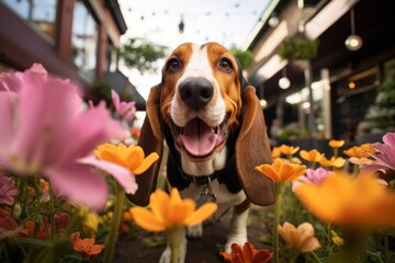happy basset hound being in a field of flowers while standing against dog-friendly cafes and restaurants background