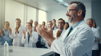 A group of healthcare professionals in lab coats clapping and smiling, seemingly celebrating or acknowledging a success or achievement.