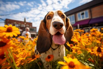 happy basset hound being in a field of flowers isolated on dog-friendly cafes and restaurants background