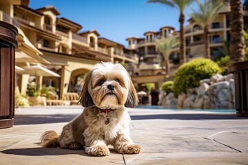 curious lhasa apso scratching ears on pet-friendly hotels and resorts background - obrazy, fototapety, plakaty
