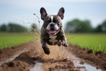 cute french bulldog running through a sprinkler isolated on farms and ranches background - obrazy, fototapety, plakaty