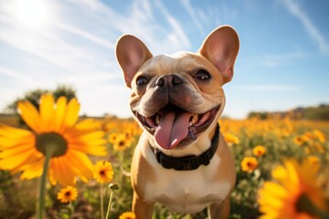 funny french bulldog having a flower in its mouth isolated on farms and ranches background - obrazy, fototapety, plakaty
