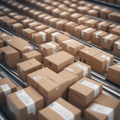 3d rendering. cardboard boxes in conveyor line 3d rendering. cardboard boxes in conveyor line 3d render. stack of boxes with boxes in warehouse. logistics and delivery concept. 3d illustration