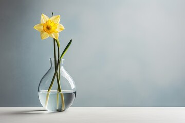  a vase filled with water and a single yellow daffodil sticking out of the top of the vase.