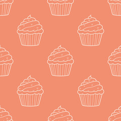 Cute cupcakes with cream and berries seamless pattern background.
