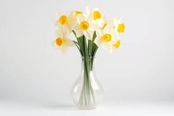  a vase filled with yellow and white flowers on top of a white table and a white wall in the background.