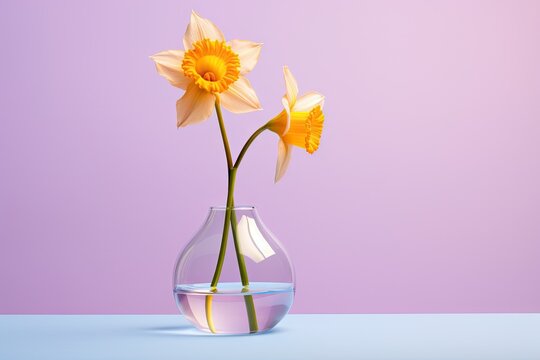  two yellow daffodils in a clear vase on a blue table against a purple background with a light reflection.