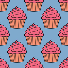 Cute cupcakes with cream and berries seamless pattern background.